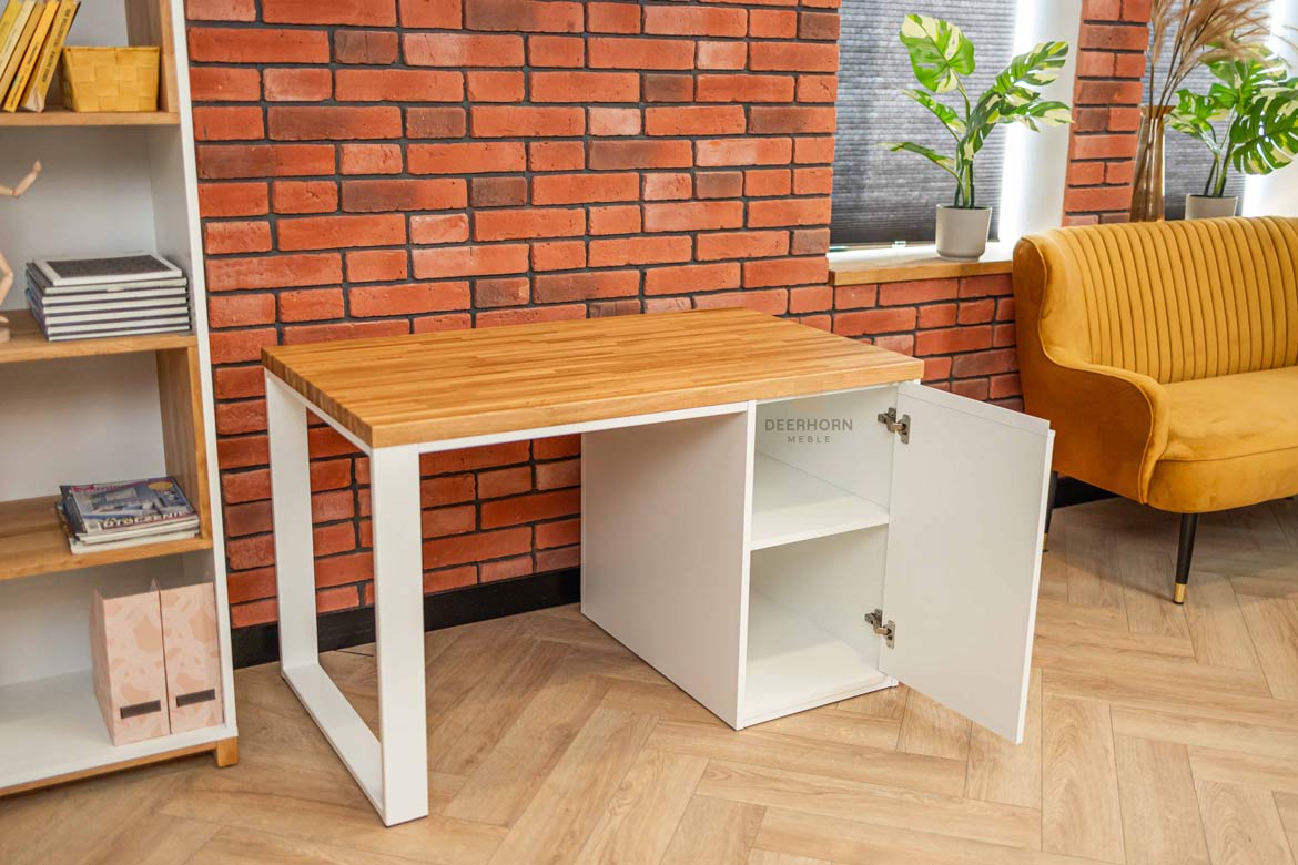 małe, białe biurko z szafką pod biurkiem