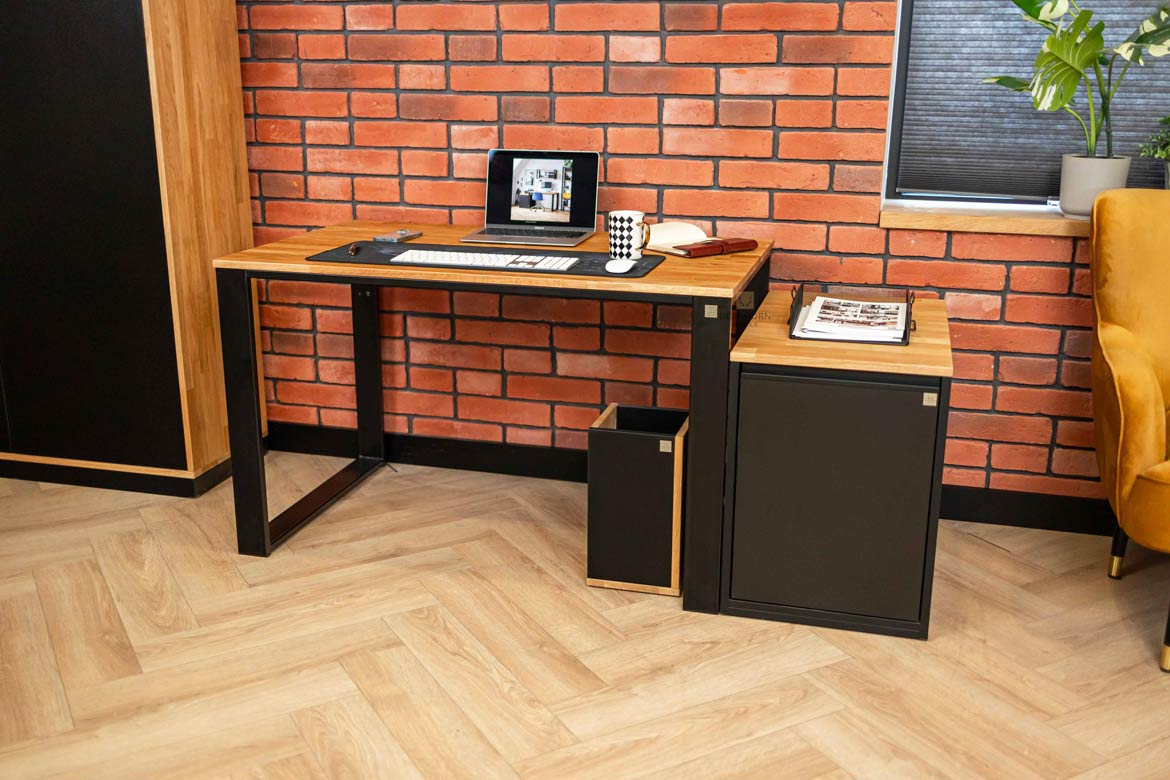 schwarzer Loft-Schreibtisch mit Rollcontainer
