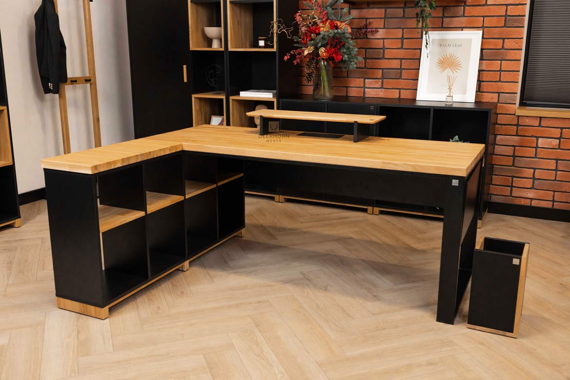 biurko do biura domowego czarne z drewnem