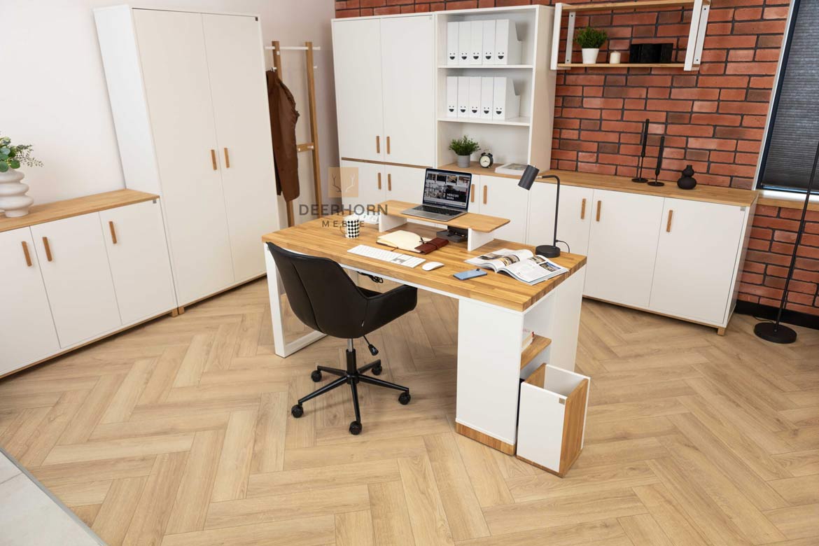 białe meble z biurkiem i solidnym drewnianym blatem, gwarantujące komfort i efektywność w codziennej pracy