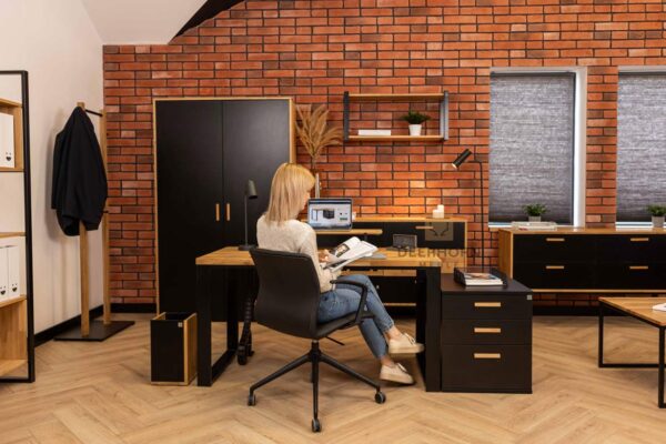 nowoczesne meble biurowe lite drewno dębowe, widok z przodu na meble do biura