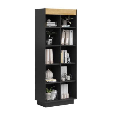 szeroki czarny regał biurowy z półkami