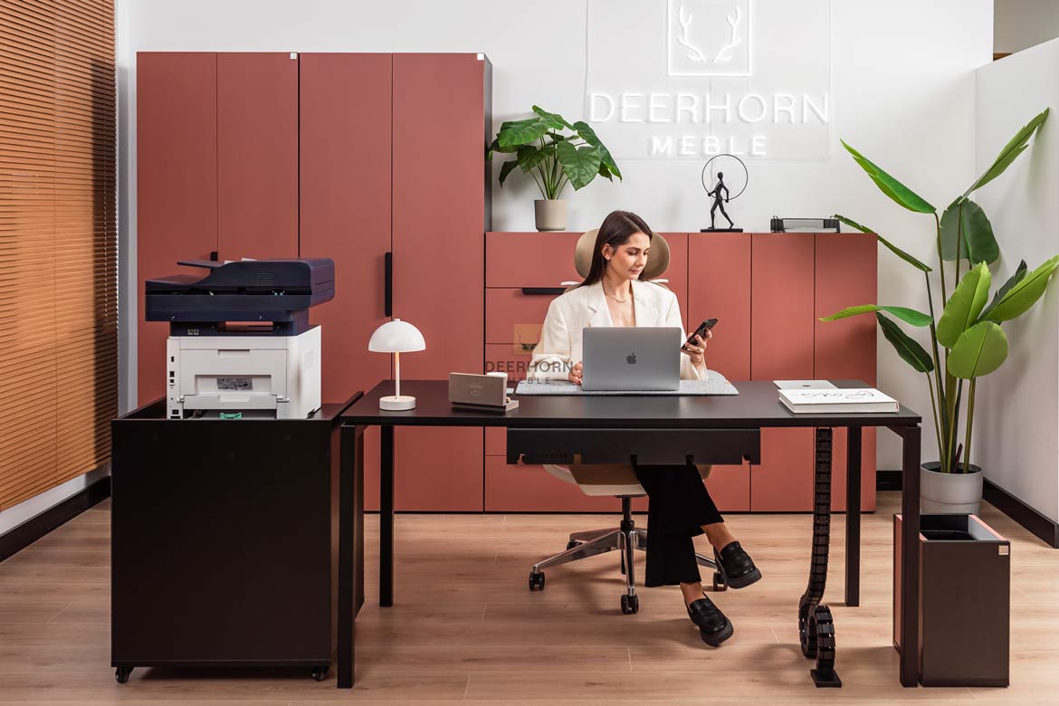 wyposażenie biura w kolorze ceglastym