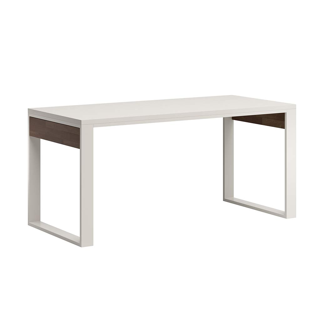 białe biurko do biura ze wstawką drewnianą