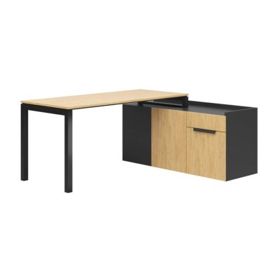 biurko narożne z dużym blatem i długą szafką boczną