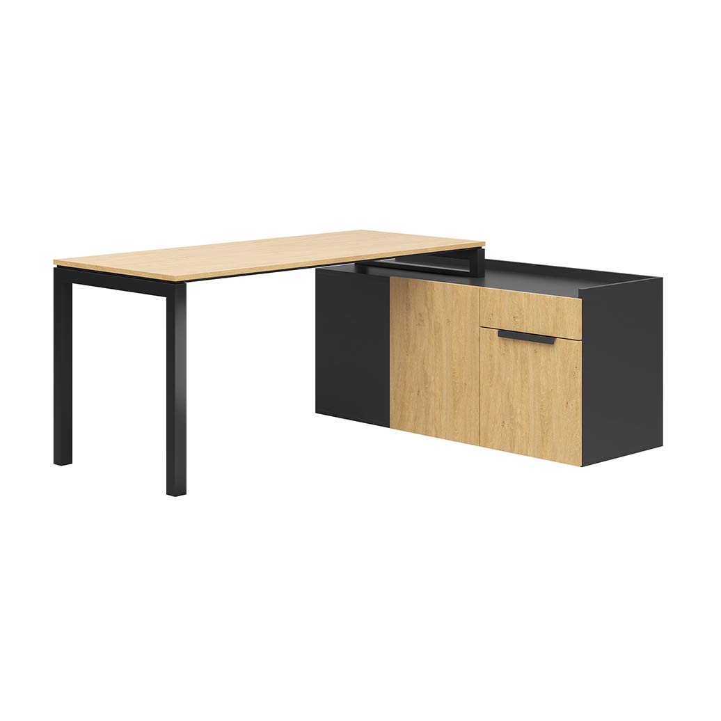 biurko narożne z dużym blatem i długą szafką boczną