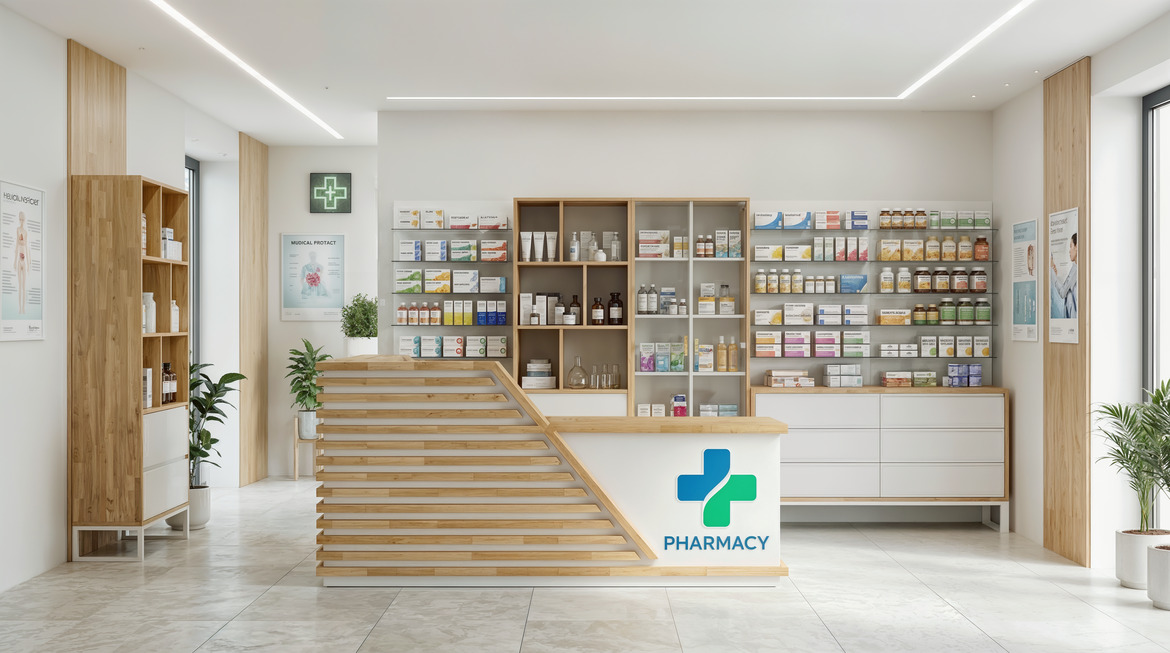 białe meble do apteki z logo